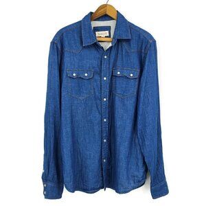 Barque Chambray Shirt Mens Large Pearl Snaps Western Blue